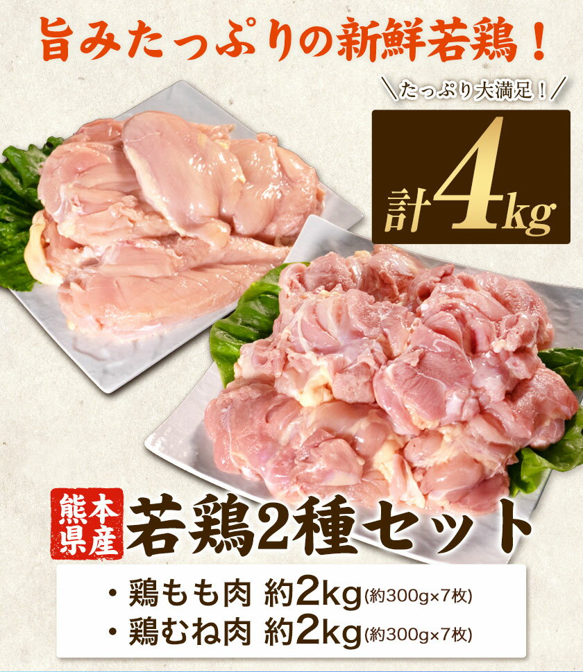 【ふるさと納税】大容量 鶏肉 発送時期が選べる 熊本県産 若鶏むね肉 約2kg/もも肉 約2kg 各1袋 たっぷり大満足！計4kg！《30日以内に出荷予定(土日祝除く)》モモ肉 モモ 若鶏モモ 鶏モモ ムネ 鶏ムネ ムネ肉 若鶏ムネ