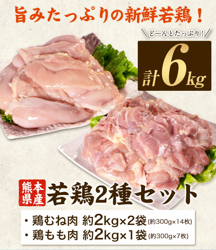 【ふるさと納税】大容量 鶏肉 発送時期が選べる 熊本県産 若鶏むね肉 約2kg×2袋/もも肉 約2kg×1袋 計3袋 たっぷり大満足！計6kg！《30日以内に出荷予定(土日祝除く)》 モモ肉 モモ 若鶏モモ 鶏モモ ムネ 鶏ムネ ムネ肉 若鶏ムネ 鶏肉 鶏皮 未除去