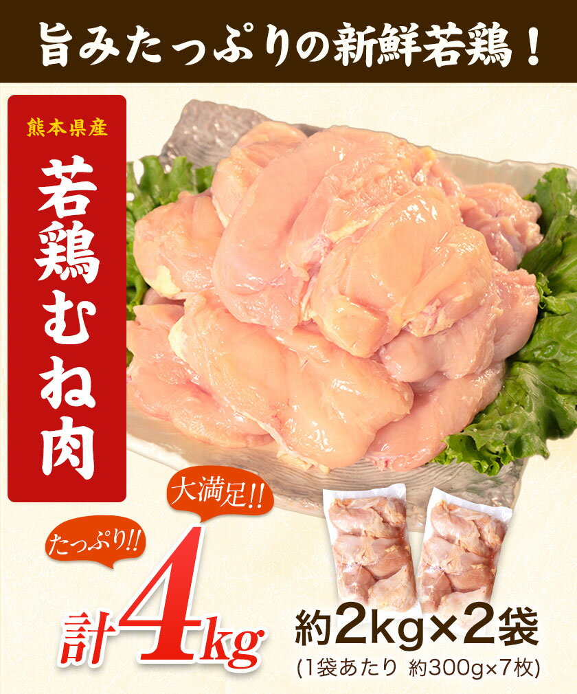 【ふるさと納税】 鶏肉 若鶏 むね肉 約2kg×2袋(1袋あたり約300g×7枚前後) たっぷり大満足！計4kg！《30日以内に出荷予定(土日祝除く)》 熊本県 葦北郡 津奈木町 訳あり SDGs 定期 でない