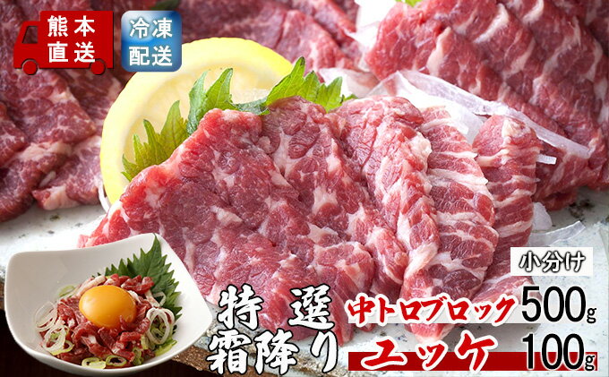 【ふるさと納税】馬刺し 熊本 霜降り 馬刺 特選霜降り 中トロ 500g ブロック ユッケ 100g セット 熊本直送 国内肥育 馬肉 肉 お肉 冷凍 国産 又は カナダ産 配送不可:離島　【 錦町 】 2