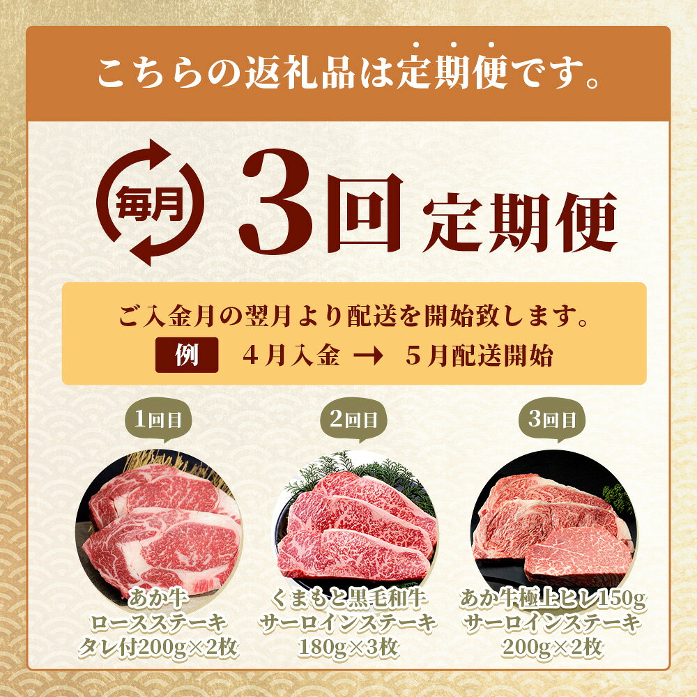 【ふるさと納税】【定期便3回】熊本の牛肉 堪能 「黒毛和牛・あか牛」プレミアム ステーキ 食べ比べ定期便 黒毛和牛サーロイン・あか牛ロース・極上ヒレ＆サーロイン 3ヶ月 A5等級 黒毛和牛 希少 あか牛 牛肉 熊本県 多良木町 定期配送 九州産 熊本県 多良木町 送料無料 f435058-taragi-10001490 熊本県多良木町 サンプル画像2