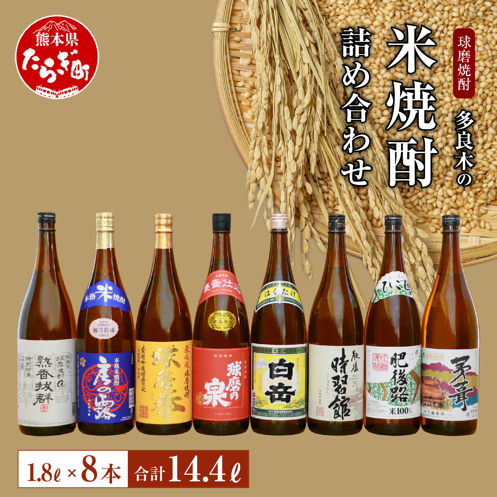 【ふるさと納税】多良木の 米焼酎 1.8L×8本 合計14.4L 8種類 8升 焼酎 米 米焼酎 酒 お酒 アルコール度数25度 瓶 九州産 国産 セット 詰め合わせ 飲み比べ 熊本県 多良木町 送料無料