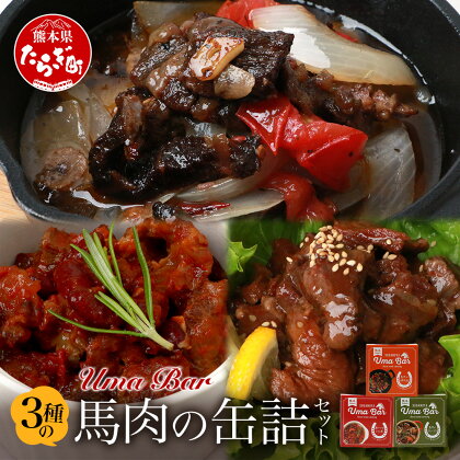 【UmaBar】 馬肉 缶詰 3種 9個セット アヒージョ トマト煮 焼肉風 キャンプ アウトドア 非常食 簡単 手軽 非常食 熊本県 本場 世界的衛生基準SQF認証取得 送料無料