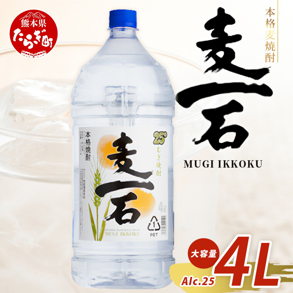 【ふるさと納税】メガボトル！ 純 麦焼酎【麦一石】4L エコペット 25度 焼酎 蔵元直送【発送月が選べる】4リットル パーティサイズ 麦 酒 麦麹 焼酎 大容量 熊本 球磨 焼酎 多良木町 米麹 国産 常温 スッキリ マイルド 熊本県 多良木町 送料無料