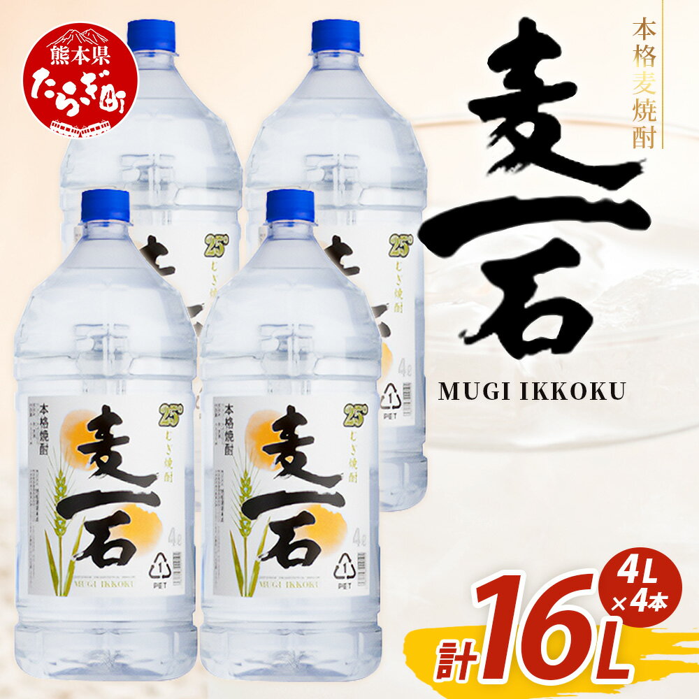 メガボトル4L×4本! 純 麦焼酎[麦一石]4L エコペット 25度 計16L 焼酎 蔵元直送[発送月が選べる]16リットル パーティ サイズ 麦 麦麹 焼酎 酒 大容量 熊本 球磨 焼酎 熊本県 多良木町 送料無料