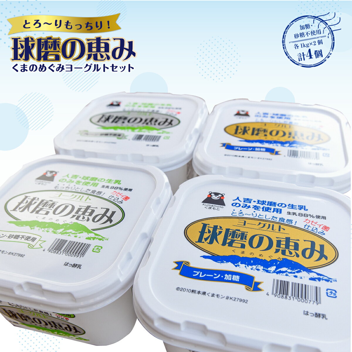 とろ〜りもっちり!球磨の恵みヨーグルトセット 送料無料 乳製品 ヨーグルト 乳酸菌 健康 免疫力 加糖・砂糖不使用各1kgx2個 計4個