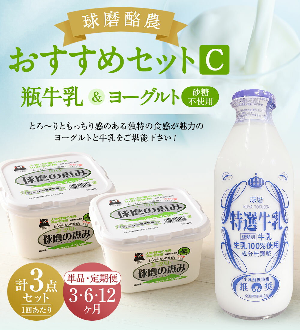 【ふるさと納税】球磨酪農おすすめセットC 瓶牛乳&ヨーグルト砂糖不使用×2個 定期便 3回 6回 12回 ヨーグルト 乳製品 スイーツ 牛乳 ミルク 乳酸菌 善玉菌 健康 美容 腸活 健康 送料無料