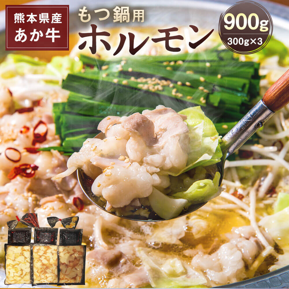 熊本県産 あか牛 もつ鍋用ホルモン 合計900g （300g×3） 専用スープ付き(60g×3) スープ 薬味 にんにくチップ 赤唐辛子 赤牛 冷凍 小分け もつ 九州産 熊本県産 国産 送料無料