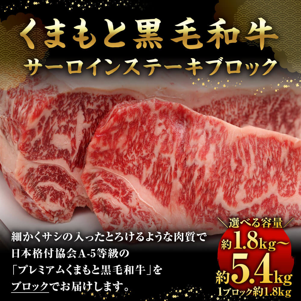 【ふるさと納税】くまもと黒毛和牛 サーロイン ステーキ ブロック ＜選べる容量＞約1.8kg または 約3.6kg または 約5.4kg A-5等級 牛肉 お肉 九州産 国産 熊本県産 黒毛和牛 お取り寄せ グルメ 冷凍 送料無料 2