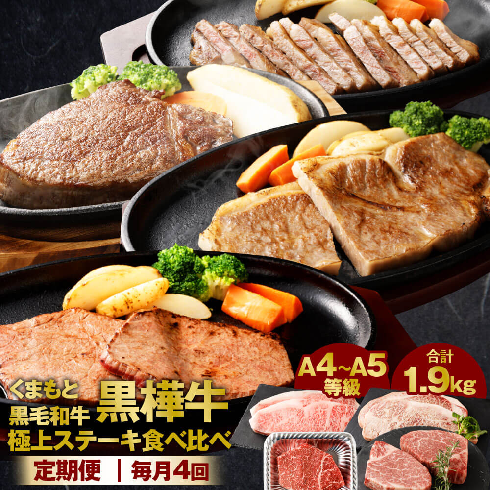 【4回定期便】くまもと黒毛和牛 黒樺牛 A4～A5等級 極上ステーキ 食べ比べ 合計1.9kg 定期コース サーロインステーキ モモステーキ ヒレステーキ ロースステーキ 和牛 お肉 牛肉 黒毛和牛 国産 九州産 熊本県産 冷凍 送料無料