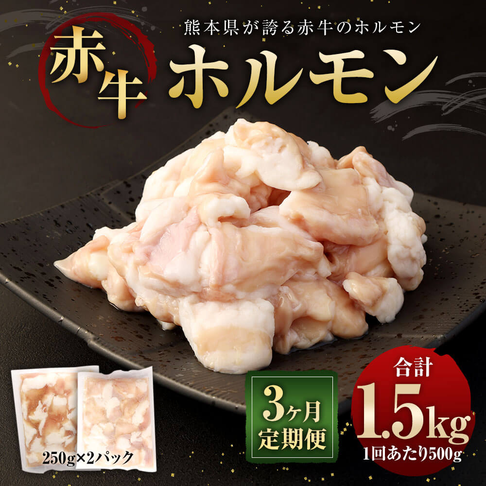 【ふるさと納税】【3ヶ月定期便】赤牛ホルモン 合計1.5kg 1回あたり500g（250g×2パック） 熊本県産 赤牛 小腸 定期便 シロホルモン 九州産 国産 牛肉 肉 ホルモン 冷凍 送料無料