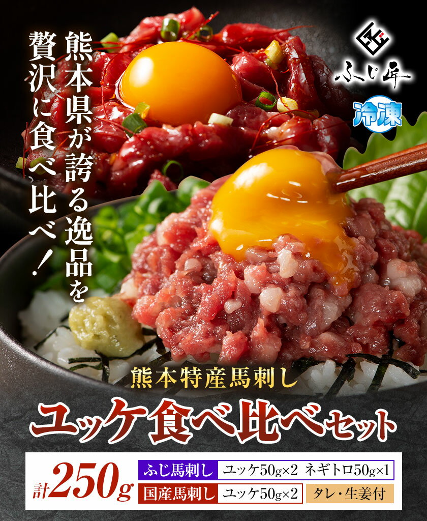 【ふるさと納税】熊本 特産 馬刺し ユッケ 食べ比べ セット 250g ふじ馬刺し 国産馬刺し《30日以内に出荷予定(土日祝除く)》熊本県 山江村 くまもと黒毛和牛 黒毛和牛 冷凍 馬肉 馬刺し 馬 ユッケ ネギトロ たれ 生姜付き 送料無料