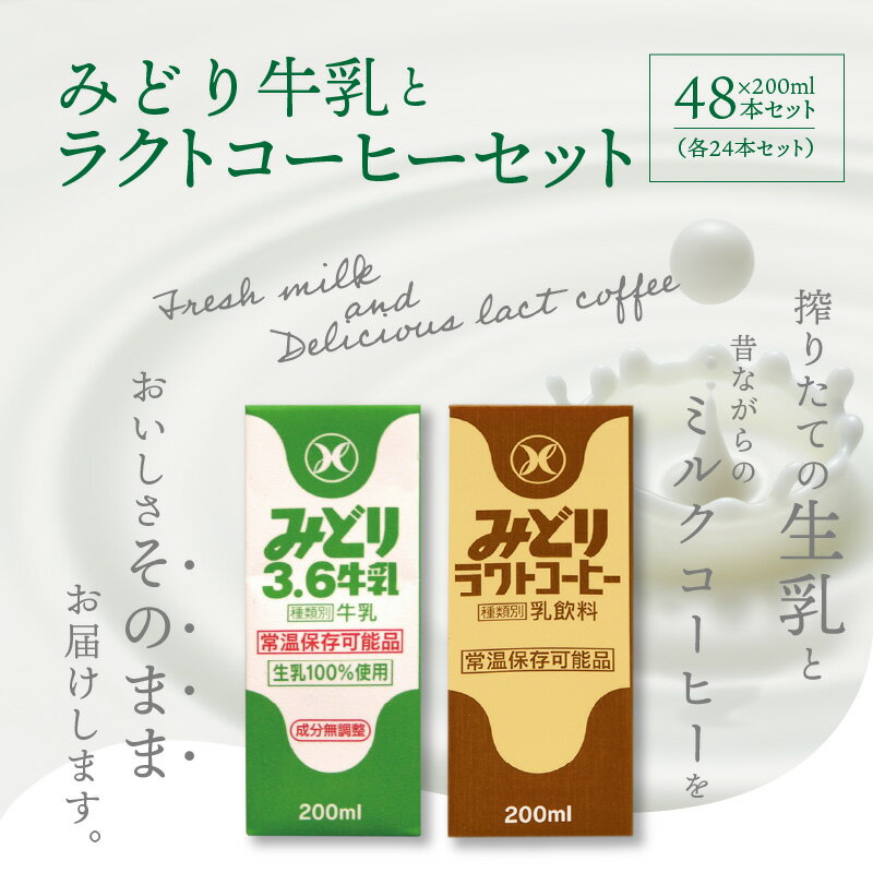 【ふるさと納税】みどり牛乳とラクトコーヒー セット 200ml×48本 紙パック 生乳100％ 乳飲料 飲み物 ミルクコーヒー コーヒー牛乳 珈琲 キャンプ お出かけ 詰め合わせ 学校給食 常温保存可能 送料無料 I07001