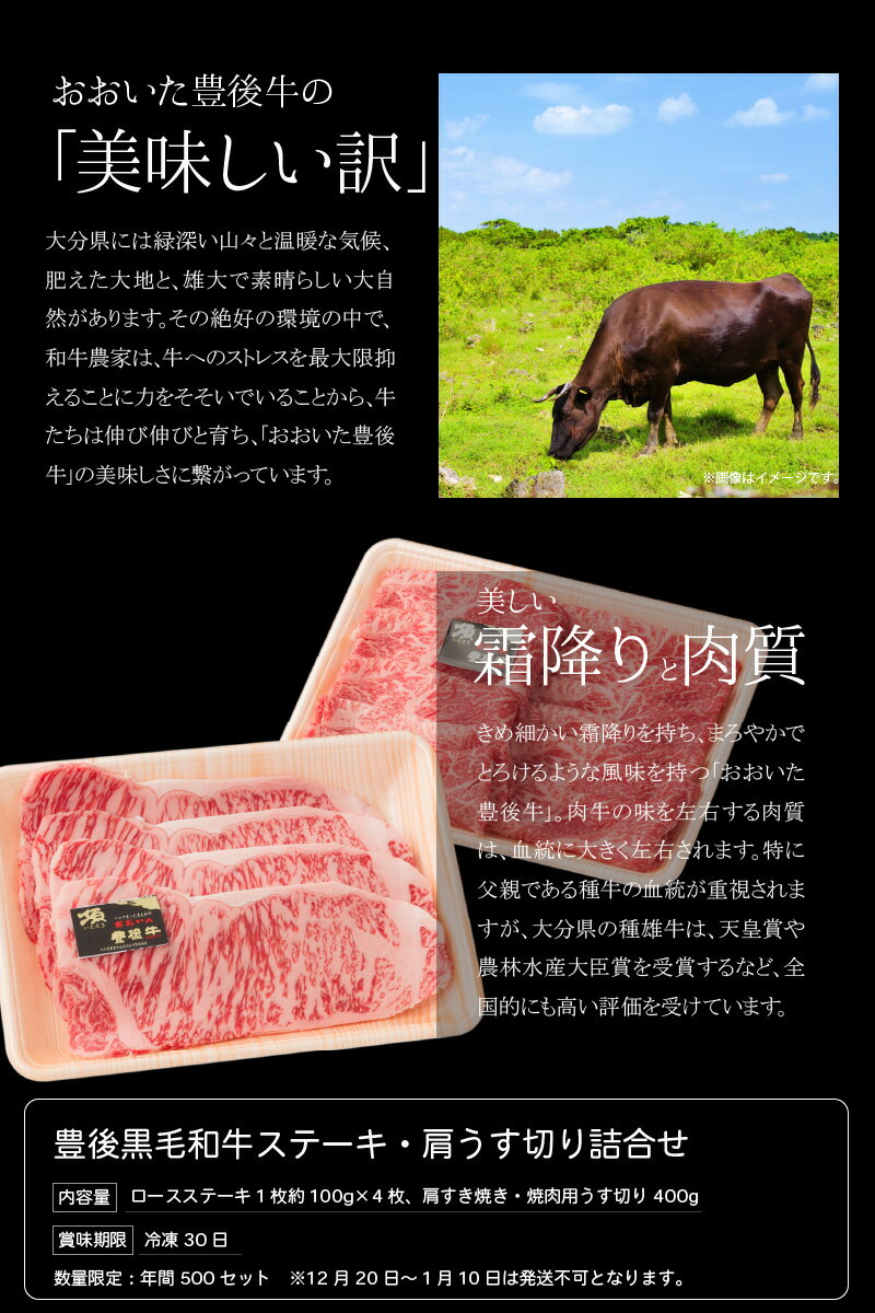 きめ細かい霜降りと、まろやかでとろけるような風味を持つ「おおいた豊後牛」。バーベキューや焼き肉、すき焼き、しゃぶしゃぶなど特別な日に特別なお肉はいかがでしょうか。　【ふるさと納税】豊後黒毛和牛ステーキ・肩うす切り詰合せ約800g 牛肉 国産 ブランド牛 おおいた豊後牛 ロースステーキ 牛肩 すき焼き用 牛薄切り うす切り 焼肉 すき焼き セット 詰め合わせ ギフト 贈答 数量限定 冷凍 A01042