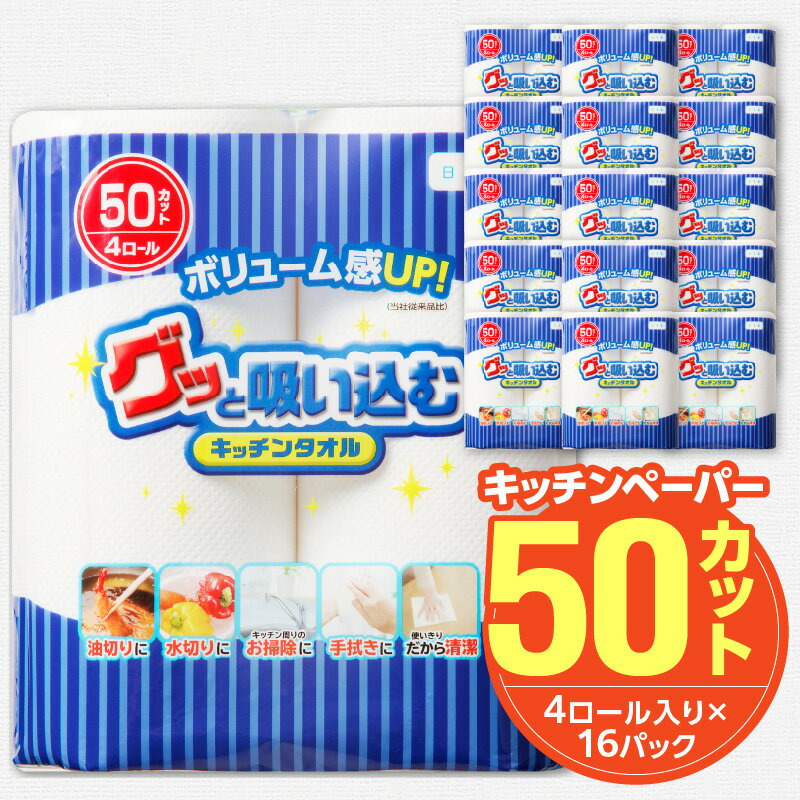 【ふるさと納税】グッと吸い込む キッチンタオル 50カット ( 4ロール × 16パック ) キッチンペーパー 大容量 まとめ買い 電子レンジ使用可 消耗品 日用品 吸収力 長持ち 破れにくい キッチン用品 大分製紙 生活必需品 料理 掃除 送料無料 R14154