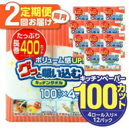 【隔月配送】キッチンタオル100カット（4ロール×12パック）2回お届け定期便 キッチンペーパー 100カット ペーパータオル キッチン用品 吸収性 料理 キッチン 掃除用品 家庭用 日用品 消耗品 紙製品 定期便 T10042