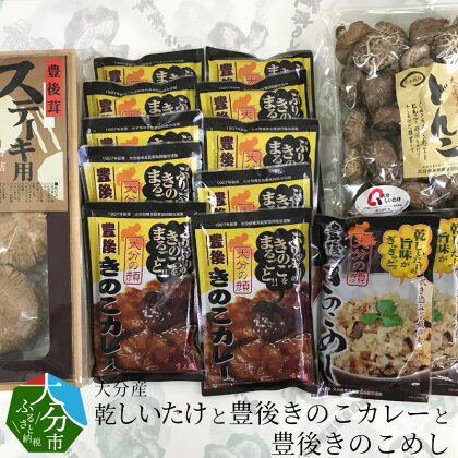 大分産乾しいたけと豊後きのこカレーと豊後きのこめし 詰め合わせ 大分名物 キノコ どんこ こうこ シイタケ 加工品 レトルトカレー レトルト食品 かしわ飯 炊き込みご飯 ごはんの素 おにぎり ギフト おうち時間 セット F07027【大分県大分市】