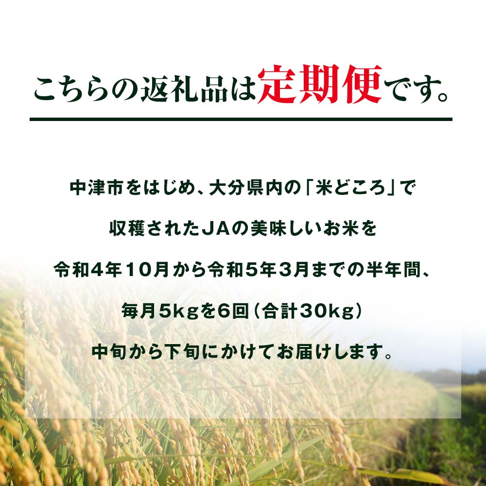 【ふるさと納税】【先行予約】 大分県産無洗米 5kg×6回 【6か月定期便】 ヒノヒカリ ひのひかり 送料無料 精米 白米 おこめ 米 お米 九州産 国産【お届け時期：2022年10月20日以降から全6回お届けします】