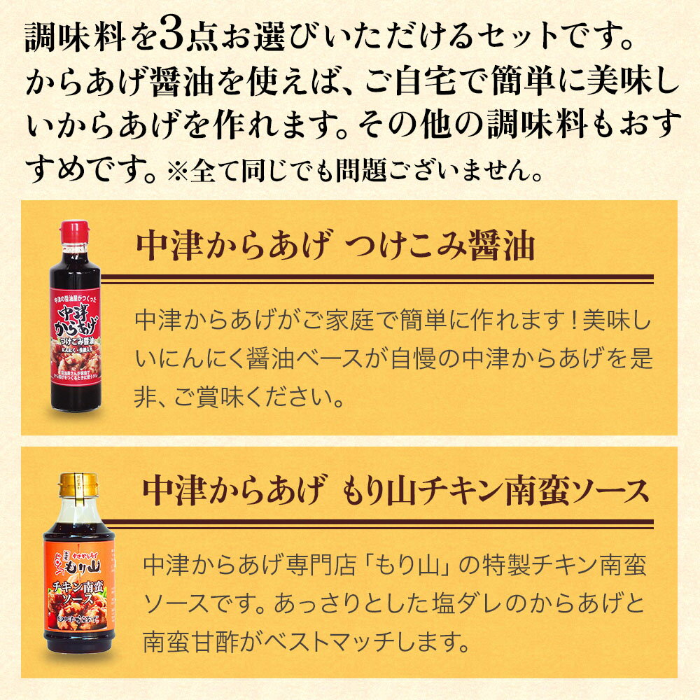 【ふるさと納税】蔵工房・二反田醤油 調味料お選び3点セット 中津からあげ漬け込み醤油 もり山チキン南蛮ソース から揚げげソース柚子・にんにく 柚子胡椒 合わせ味噌 米麹味噌 調味料 万能ソース 大分県産 九州産 中津市 国産 送料無料