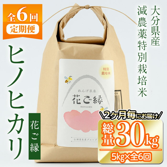 人気ランキング第9位「大分県佐伯市」口コミ数「0件」評価「0」＜定期便・6回 (隔月)＞減農薬特別栽培米 はなご縁 (総量30kg・5kg×6回) 米 定期便 6回 隔月 ひのひかり ヒノヒカリ 精米 白米 大分県産【HD174】【さいき本舗 城下堂】