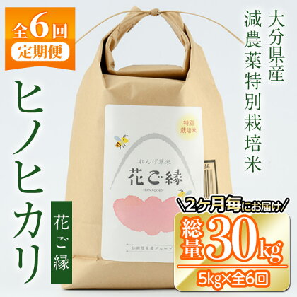 ＜定期便・6回 (隔月)＞減農薬特別栽培米 はなご縁 (総量30kg・5kg×6回) 米 定期便 6回 隔月 ひのひかり ヒノヒカリ 精米 白米 大分県産【HD174】【一般財団法人 観光まちづくり佐伯】