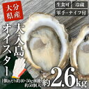 製品仕様 商品名 真ガキ大入島オイスター(約2.6kg) 名称 真牡蠣(生食可/シングルシード養殖/冷蔵) 内容量 大入島オイスター：約2.6kg ※約50個前後入り(1個あたり約40g〜70g) ※サイズ・個数は目安です。大中小バラバラにお入れする場合もございますので予めご了承ください。 商品説明 シングルシード真牡蠣の出荷が始まりました！！ 大入島で日本初となる、牡蠣の養殖方式NZ発のフリップファーム方式を採用してるため、あっさりしていて牡蠣特有のえぐみや臭みがありません。 ご自宅で牡蠣パーティーやご家族で牡蠣開け体験などいかがでしょうか？ 24時間以上紫外線殺菌海水に浸けて不純物を除去し殺菌する事で生食用としてお召し上がりいただけます。 もちろん生で召し上がって頂きたいですが、酒蒸しでも美味しいです！ 酒蒸しの場合は鍋にお酒を少し入れてフタをした状態で3分蒸していただければ完成です！ 消費期限 発送より6日間 ※食中毒予防のため、生で食べる場合は10℃以下の清潔な場所で保存の上、お早めにお召し上がりください。 産地名 大分県佐伯湾 事業者 合同会社 新栄丸 備考 ※お客様の都合により商品を受け取れなかった場合、または受け取りまでに期間がかかった場合は、再配送はいたしかねますのでご了承ください。 ※画像はイメージです。 ※牡蠣を扱う際は怪我の恐れがありますので必ず軍手の着用をお願いします。 ※ご不明の点がございましたら事業者まで直接お問い合わせ下さい。寄附金の用途について 「ふるさと納税」寄附金は、下記の事業を推進する資金として活用してまいります。 寄附を希望される皆さまの想いでお選びください。 (1) さいきのこどもたちを育てるための事業 (2) みんなが安心して暮らせるまちを創るための事業 (3) みんなが元気になり、地域の活力を生むための事業 (4) 地場産業を応援するための事業 (5) 豊かな自然と文化を守り育てるための事業 特にご希望がなければ、市政全般に活用いたします。 受領証明書及びワンストップ特例申請書のお届けについて 入金確認後、注文内容確認画面の【注文者情報】に記載の住所にお送りいたします。 発送の時期は、寄附確認後1ヶ月以内を目途に、お礼の特産品とは別にお送りいたします。 ワンストップ特例制度は、より簡単に税金控除の申請が行える、大変便利な制度です。 適用条件やご利用方法のご案内はこちら からご確認ください。