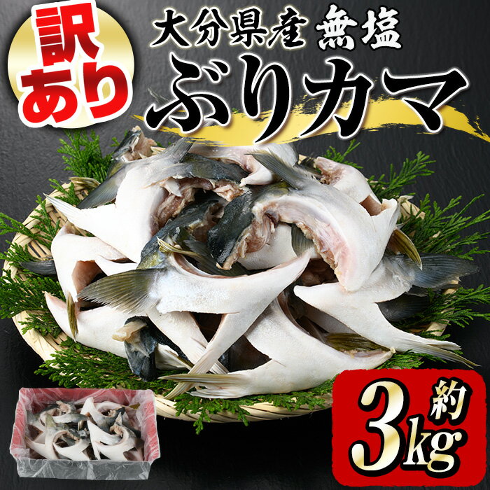 製品仕様 商品名 ＜訳あり＞無塩ブリカマ(約3kg) 名称 無塩ブリカマ 内容量 無塩ブリカマ：約3kg 商品説明 大分県産養殖ぶりのかまです。 無塩なので、塩焼きやブリ大根等の煮つけなどお好きな方法でお召し上がりいただけます。 20尾前後入っておりますので、冷凍保管の場所にご注意ください。 【訳ありの理由】 業務用簡易包装の為、訳あり品となります。品質には問題ございません。 消費期限 冷凍で90日 事業者 有限会社　三宅水産 備考 ※画像はイメージです。 ※ご不明の点がございましたら事業者まで直接お問い合わせ下さい。 関連キーワード 大分県産 国産 ブリ ぶり 鰤 養殖ブリ 煮つけ 鰤かま 冷凍 大分県 佐伯市寄附金の用途について 「ふるさと納税」寄附金は、下記の事業を推進する資金として活用してまいります。 寄附を希望される皆さまの想いでお選びください。 (1) さいきのこどもたちを育てるための事業 (2) みんなが安心して暮らせるまちを創るための事業 (3) みんなが元気になり、地域の活力を生むための事業 (4) 地場産業を応援するための事業 (5) 豊かな自然と文化を守り育てるための事業 特にご希望がなければ、市政全般に活用いたします。 受領証明書及びワンストップ特例申請書のお届けについて 入金確認後、注文内容確認画面の【注文者情報】に記載の住所にお送りいたします。 発送の時期は、寄附確認後1ヶ月以内を目途に、お礼の特産品とは別にお送りいたします。 ワンストップ特例制度は、より簡単に税金控除の申請が行える、大変便利な制度です。 適用条件やご利用方法のご案内はこちら からご確認ください。