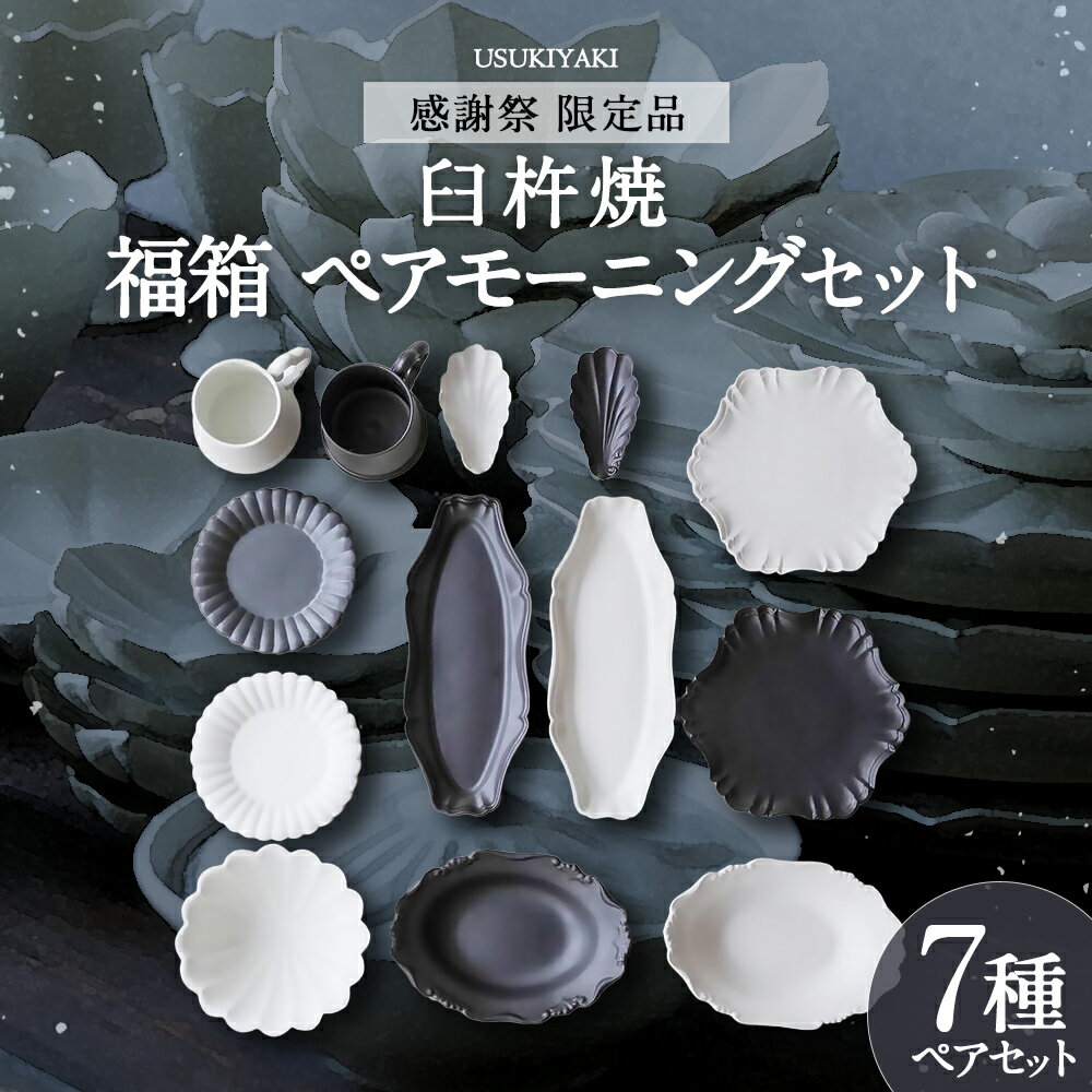 [感謝祭*限定品]〔臼杵焼〕福箱 ペアモーニングセット 計13個 サラダボウル×1 オーバルボウル×2 雲形取手の復刻マグ×2 ヘキサゴナルプレート×2 貝豆皿×2 オバール長皿×2 デザート皿×2 白・黒 アフタヌーンティーセット 茶器 食器 工芸品 送料無料