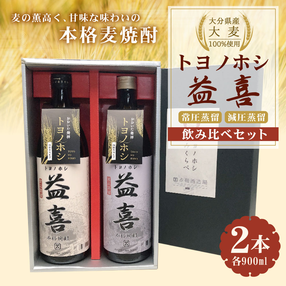 【ふるさと納税】大分県産 大麦100%使用！ 本格麦焼酎 「トヨノホシ益喜」 飲み比べセット 2種 900ml×2本 計1.8L 常圧蒸留 減圧蒸留 アルコール 25度 酒 お酒 瓶 焼酎 麦 送料無料