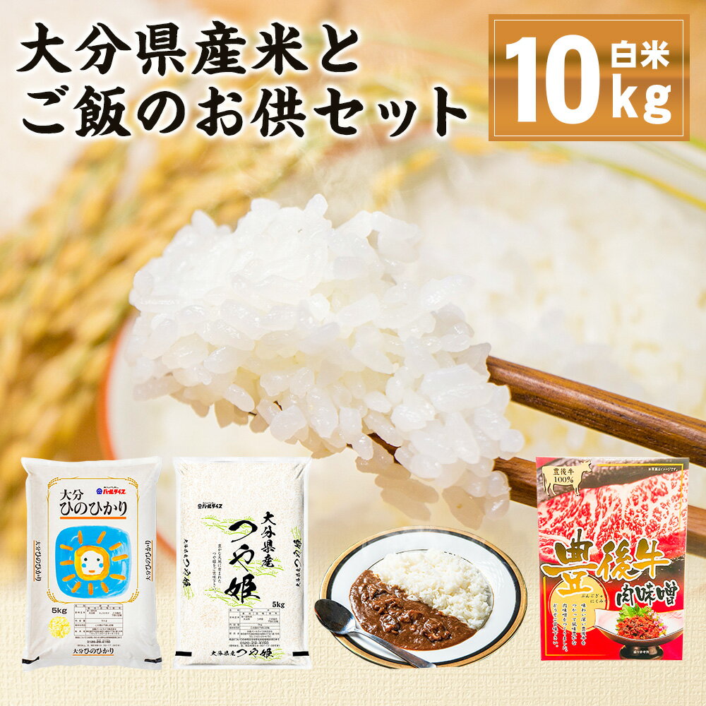 【ふるさと納税】大分県産つや姫 5kg 大分県産ひのひかり 5kg 合計10kg （精米済白米）肉味噌(200g) カレー(200g) お米 米 コメ こめ つや姫 ご飯 おかず 食べ比べ セット 詰め合わせ 惣菜 おおいた和牛 豊後牛 料理 令和3年産 大分県産 九州産 国産 送料無料