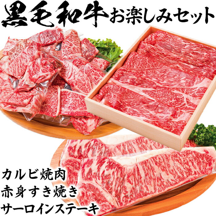 黒毛和牛 お楽しみセット（カルビ焼肉・赤身すき焼き・サーロインステーキ）【ニード牧場】 お楽しみ 豊後牛 牛肉 お肉 赤身 霜降り すきやき ステーキ しゃぶしゃぶ 焼き肉 カルビ サーロイン キャンプ ＜129-015_5＞