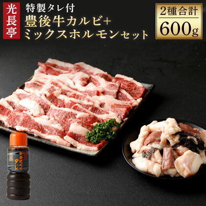 豊後牛 カルビ+ミックスホルモンセット 光長亭 特製タレ付(合計600g+250ml)牛肉 お肉 カルビ ホルモン センマイ ハツ 焼肉のたれ【109900200】【ショッピングストアー光長】