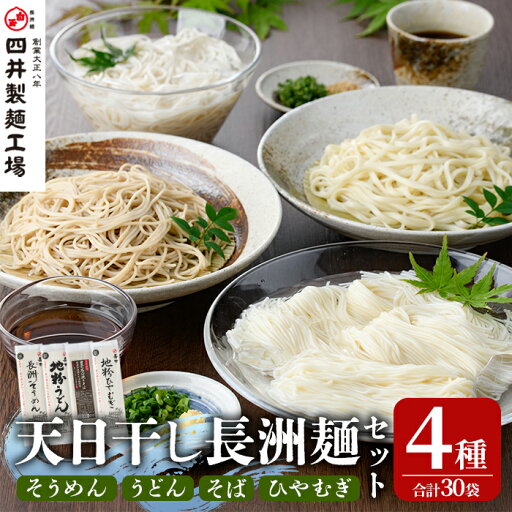 【ふるさと納税】天日干し長洲麺詰合せ(合計30袋・4種)そうめん 素麺 ひやむぎ うどん そば 蕎麦 麺類 詰合せ 手軽 簡単調理 常温 大分県産【101401200】【四井製麺工場】 【ふるさと納税】天日干し長洲麺詰合せ(合計30袋・4種)そうめん 素麺 ひやむぎ うどん そば 蕎麦 麺類 詰合せ 手軽 簡単調理 常温 大分県産【101401200】【四井製麺工場】