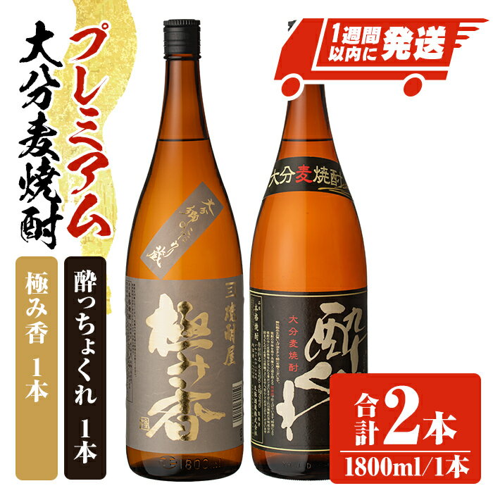 【ふるさと納税】プレミアム大分麦焼酎 のみくらべセット 極み香 酔っちょくれ 25度 合計3.6L・1.8L 2本 酒 お酒 麦焼酎 アルコール 飲料 常温 飲み比べ セット【107302000】【時枝酒店】