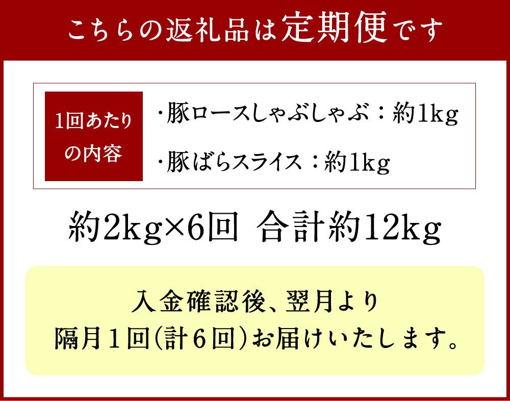 【ふるさと納税】＜隔月6カ月定期便＞夢ポーク ロースしゃぶしゃぶ1kg バラスライス1kg セット 合計2kg×6回 総合計約12kg SPF豚肉 国産 豚ロース 豚バラスライス 豚肉 九州産 大分県産ブランド豚 九重夢ポーク 送料無料