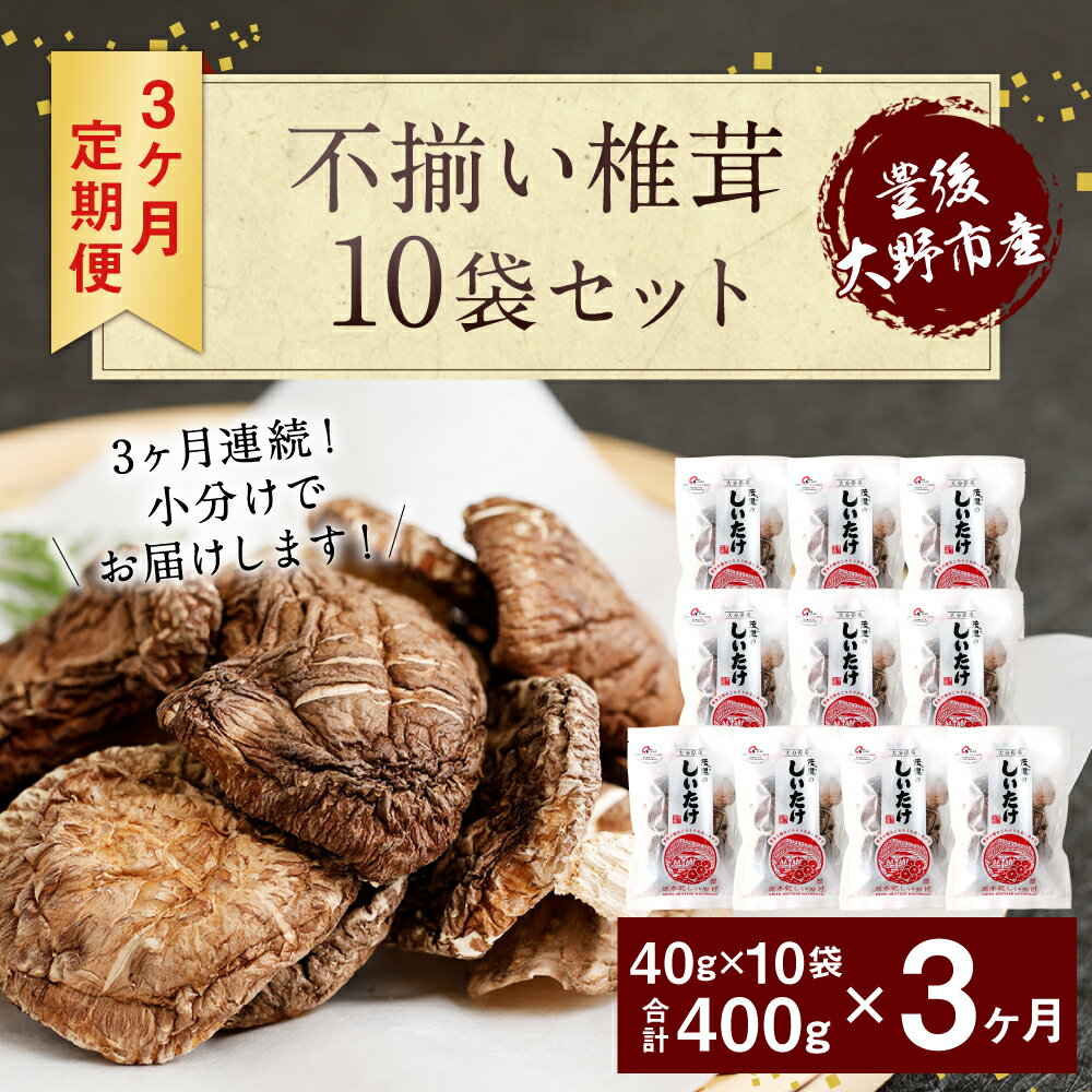 【ふるさと納税】【定期便3ヶ月連続発送】 不揃い椎茸 10袋セット 40g×10袋×3回 合計1.2kg セット 3ヶ月 椎茸 乾燥シイタケ 訳あり 乾椎茸 しいたけ おすそ分け プレゼント 小分け 大分県産 九州産 送料無料