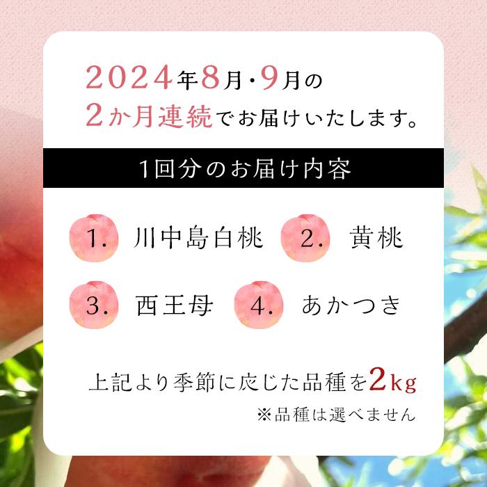 【ふるさと納税】【定期便 全2回／2024年8・9月発送】＜旬の桃おまかせ2kg・6～8玉＞×2回（自家製有機肥料・減農薬・化学肥料無使用） | 人気 先行予約 川中島白桃 黄桃 西王母 あかつき momo 食べ比べ 国産 お取り寄せ おすすめ 由布院 湯布院 ゆふいん お楽しみ