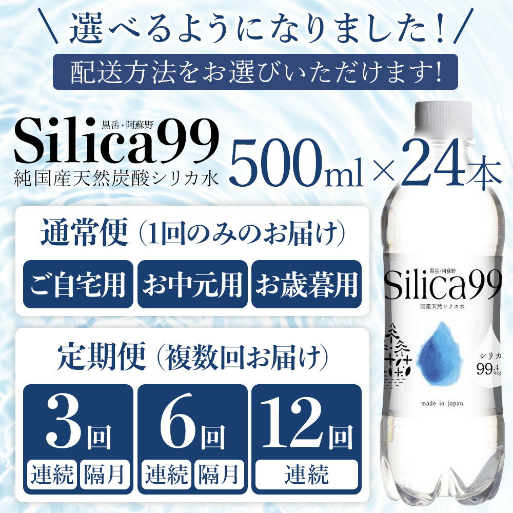 【ふるさと納税】【配送方法が選べる】天然炭酸水Silica99 500ml×24本(通常便：24本 / 定期便：24本×3～12回) | シリカ水 500ml スパークリングウォーター 微炭酸 シリカ 鉱泉水 天然炭酸水 炭酸水 炭酸 天然水 水 お取り寄せ 人気 送料無料 湯布院 由布院 ゆふいん