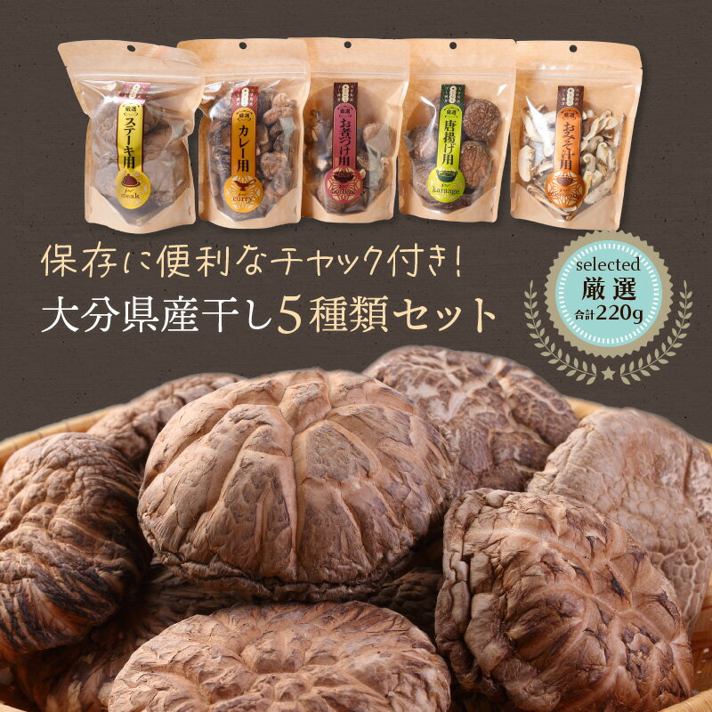 【ふるさと納税】保存に便利なチャック付き!大分県産干し椎茸5種類セット 椎茸 シイタケ 料理 よりどり 容量 便利 大分県 乾物 おすすめ 栄養 美容 食物繊維 出汁夕食 大分県産 特産品 ご当地