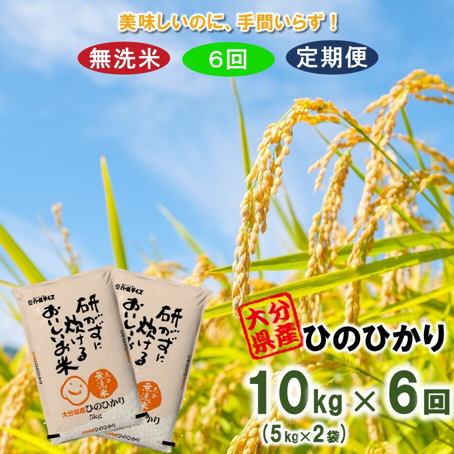 7位! 口コミ数「0件」評価「0」令和5年産 6ヶ月定期便 大分県産 ひのひかり 無洗米 10kg×6回発送 ヒノヒカリ 手間いらず 時短 キャンプ