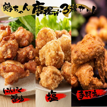 鶴ちゃん 唐揚げ 3種 セット にんにく醬油味 500g 塩味 500g 手羽先5本 骨なし とり肉 からあげ カラアゲ 手羽先 てばさき ニンニク しょう油味 しお味 簡単調理 オカズ 酒の肴 送料無料