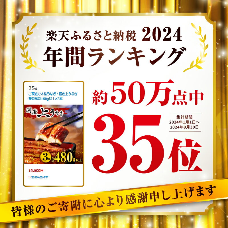 【ふるさと納税】九州産 うなぎ蒲焼 3尾（計480g以上＆さんしょう、たれ付き）うなぎの蒲焼き 上うなぎ 蒲焼長焼 化粧箱入り 化粧箱 贈答 贈り物 ギフト ご褒美 惣菜 お惣菜 丑の日 土用 冷凍 人気 冬うなぎ おすすめ グルメ 長焼き 国産 宮崎市《レビューキャンペーン》