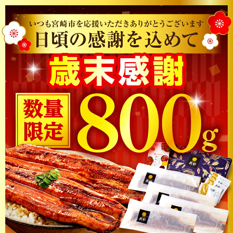 【ふるさと納税】【歳末感謝】総合1位!!高評価★4.81【発送時期が選べる】【数量・期間限定】九州産 うなぎ蒲焼4尾(計800g以上＆さんしょう、たれ付き) 国産 特上 蒲焼長焼 うなぎの蒲焼き うなぎ蒲焼 蒲焼 惣菜 小分け パック 鰻楽 宮崎市 ふるさと