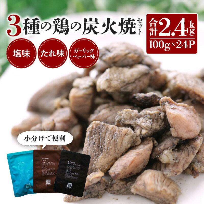 【ふるさと納税】3種の鶏の炭火焼セット 合計24パック 2.4kg 塩味 たれ味 ガーリックペッパー味 塩 たれ ガーリック ペッパー 炭火焼 鶏 鶏肉 国産 国産鶏肉 手作業 簡単調理 宮崎グルメ グル…