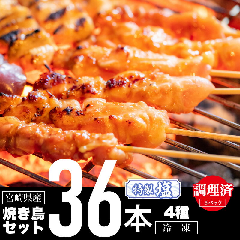 【調理済み】宮崎県産 焼き鳥 特製塩 セット 4種 36本 盛り合わせ セット 詰め合わせ 食べ比べ 味比べ 焼鳥 串焼き 串 モモ 鶏皮 ぼんじり せせり 味付き 焼肉 BBQ パーティー アウトドア キャンプ グランピング おかず おすすめ 宮崎県 宮崎市 送料無料