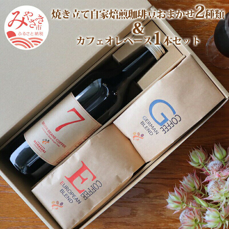 焼き立て 自家焙煎 珈琲豆 おまかせ 2種類 カフェオレベース 1本 720ml セット 飲料類 7種類の豆 ブレンド ロースター 自家焙煎豆専門店 鮮度 自家焙煎珈琲豆 鮮度 コーヒー 宮崎県 宮崎市 送料無料