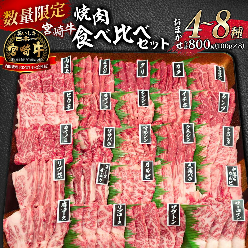 数量限定 宮崎牛 焼肉食べ比べ 4種〜8種盛り 合計800g 厳選部位 バーベキュー カット ウデ焼肉 モモ焼肉 バラ焼肉 ロース焼肉 ご家族 お肉 食品 宮崎県 宮崎市 送料無料