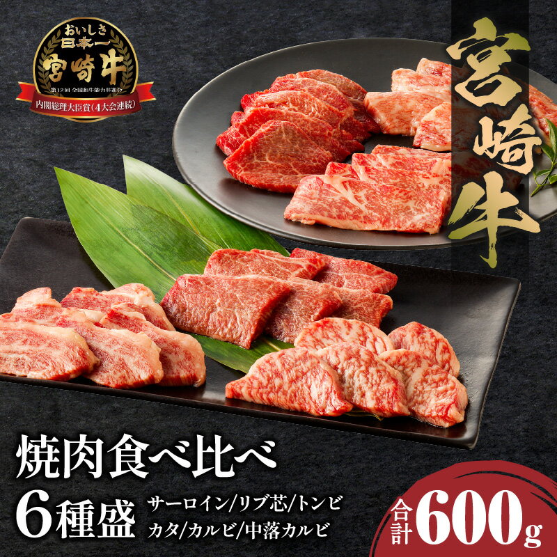 宮崎牛 焼肉食べ比べ6種盛 600g サーロイン リブ芯 トンビ カタ カルビ 中落カルビ 赤身 焼肉 食べ比べ バーベキュー 黒毛和牛 国産牛 ブランド牛 牛肉 牛 肉 肉質 4等級以上 おすすめ 焼肉用 BBQ用 畜産 グルメ お取り寄せ 宮崎市 送料無料