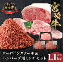 肉・セット 【ふるさと納税】宮崎牛 サーロインステーキ & ハンバーグ用ミンチ セット 合計 1.1kg サーロイン ステーキ 肉 牛肉 ステーキの王様 霜降り 黒毛和牛 ブランド牛 国産牛 国産 宮崎牛100% ハンバーグ ミンチ 4等級以上 ブランド 贈り物 ギフト 冷凍 畜産 宮崎市 送料無料