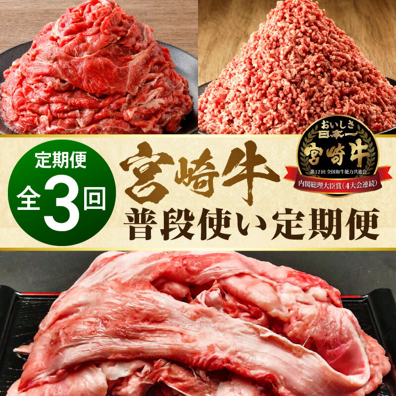 [定期便]全3回 宮崎牛 普段使い 定期便 定期 切り落とし ミンチ 牛すじ 牛肉 肉 お肉 国産牛 ブランド牛 牛 国産 国産牛 ひき肉 すじ 料理 アレンジ 使い勝手 パック 小分け 精肉 肉加工品 畜産 畜産物 肉質等級 格付 宮崎県産 宮崎県 宮崎市 送料無料